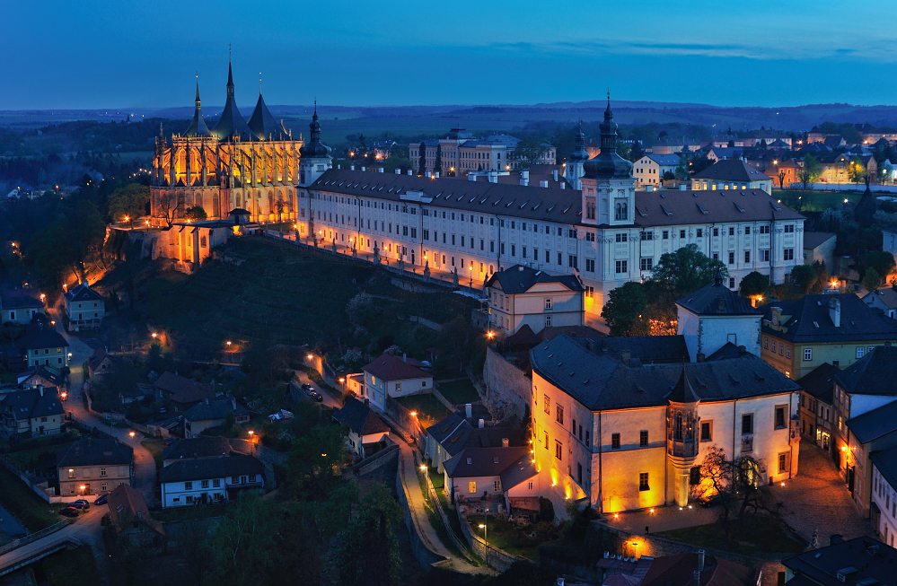 Church of St. Barbara and Jesuit College in the evening